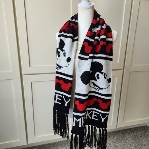 Disney Mickey Mouse Knit Scarf Black Red White Fringe Fall Winter Cozy Cute - Picture 2 of 5